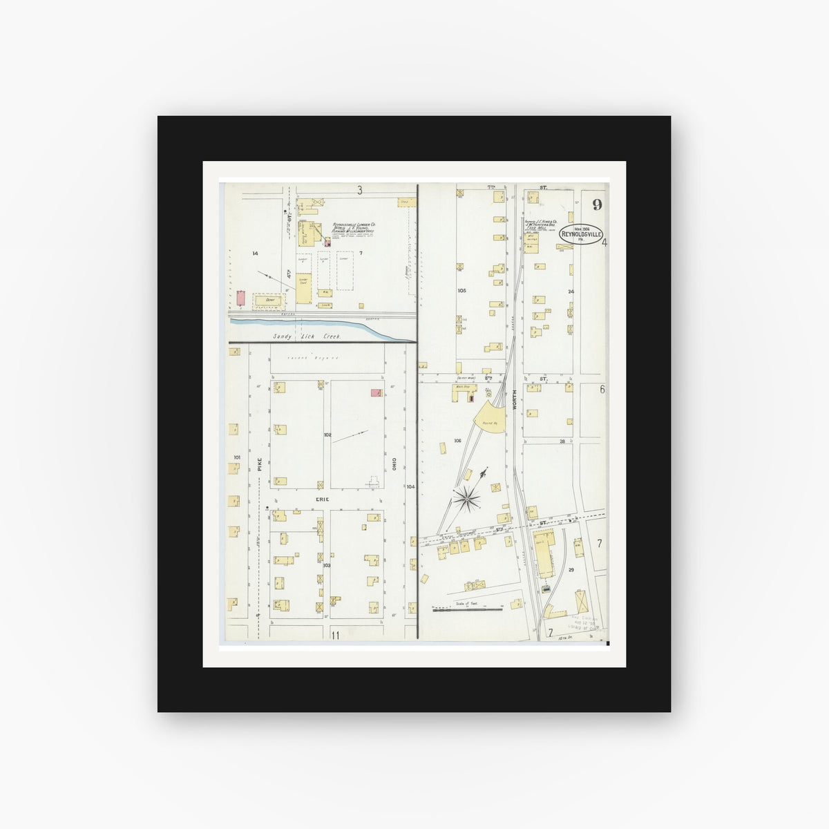 Old map wall art mockup — black gallery frame with white mat — Sanborn Fire Insurance Map from Reynoldsville, Jefferson County, Pennsylvania (1906), Sheet #0009