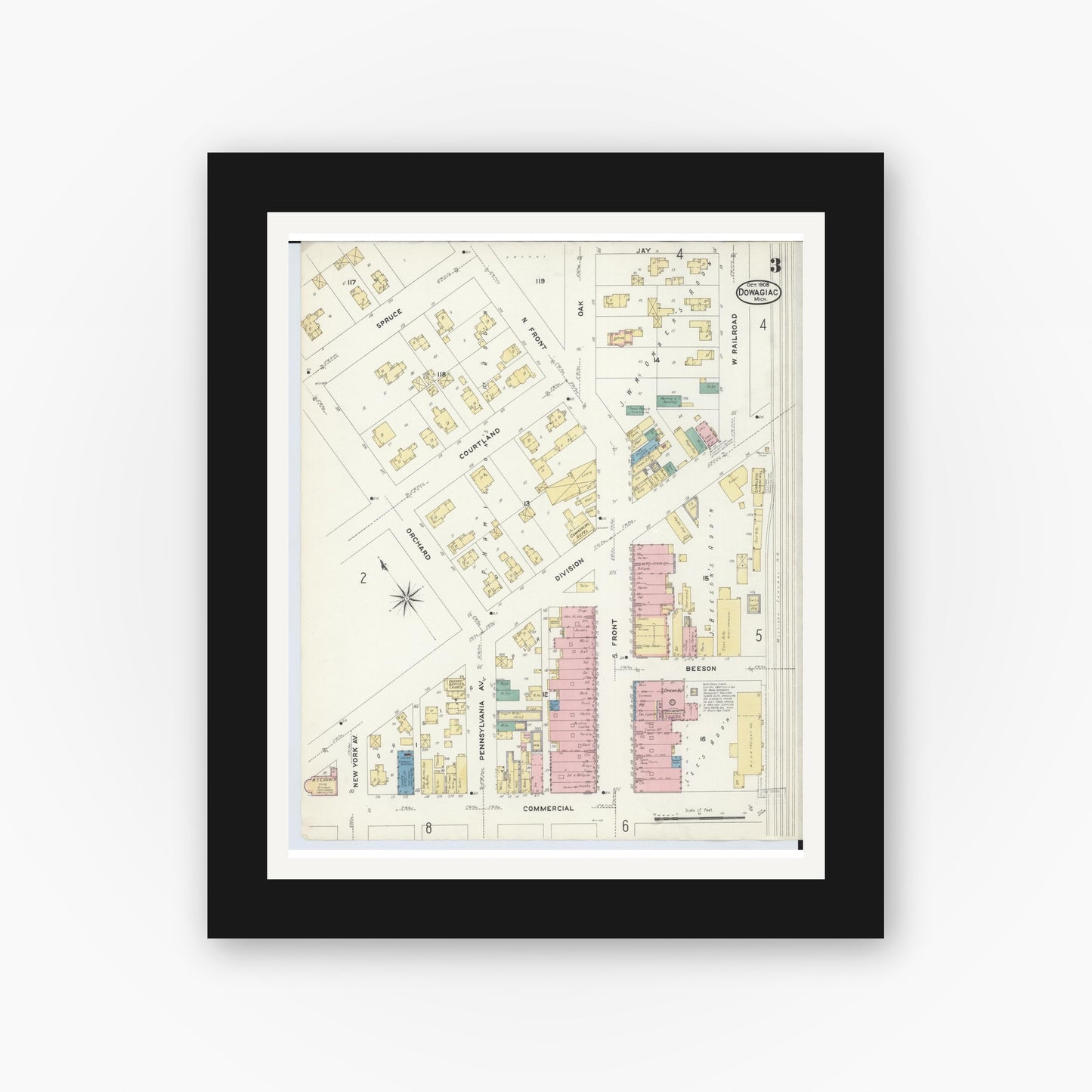 Old map wall art mockup — black gallery frame with white mat — Sanborn Fire Insurance Map from Dowagiac, Cass County, Michigan (1908), Sheet #0003