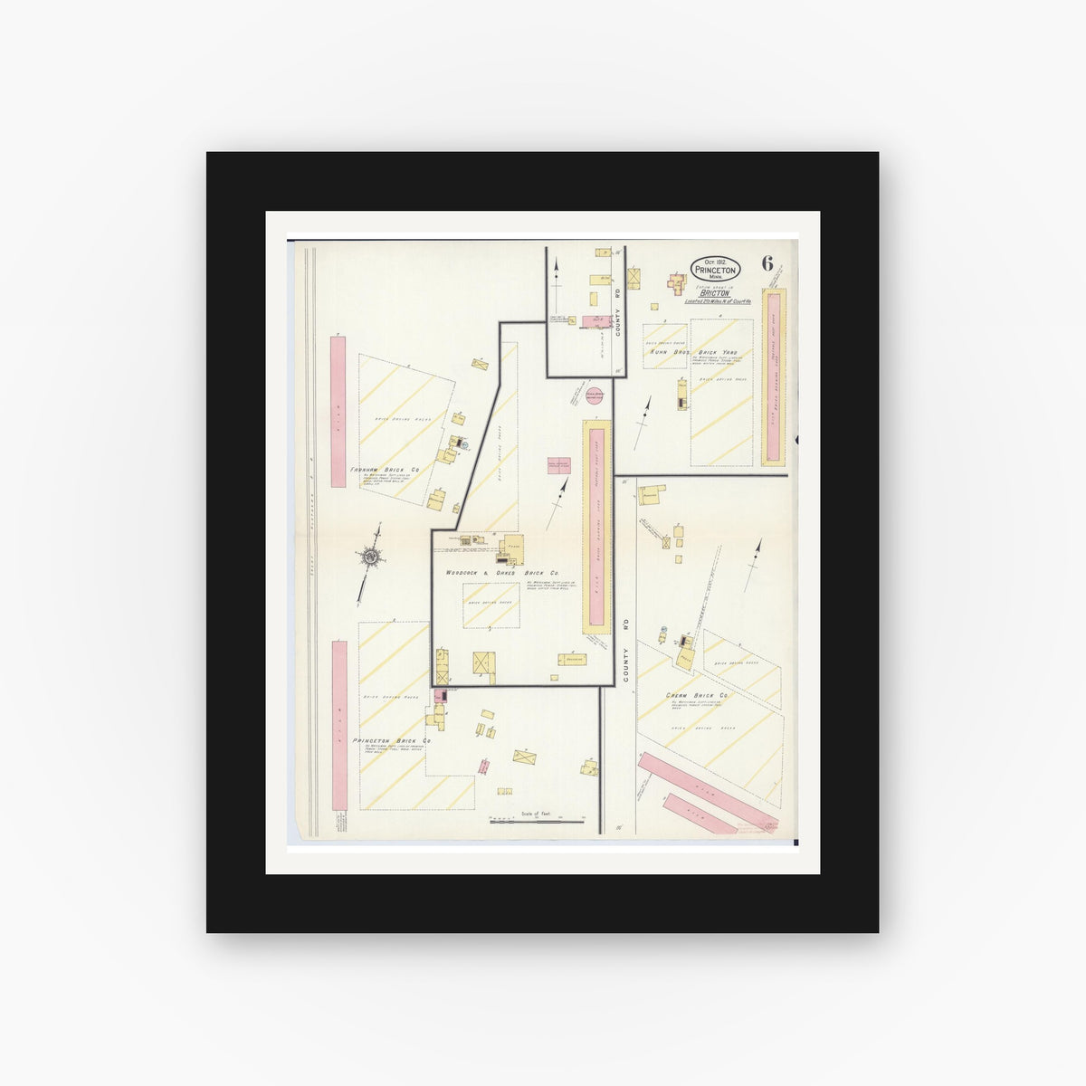 Old map wall art mockup — black gallery frame with white mat — Sanborn Fire Insurance Map from Princeton, Mille Lacs County, Minnesota (1912), Sheet #0006