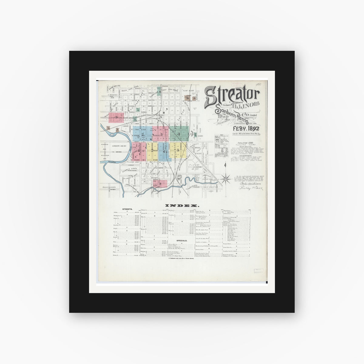Old map wall art mockup — black gallery frame with white mat — Sanborn Fire Insurance Map from Streator, La Salle County, Illinois (1892) - Complete Map Set