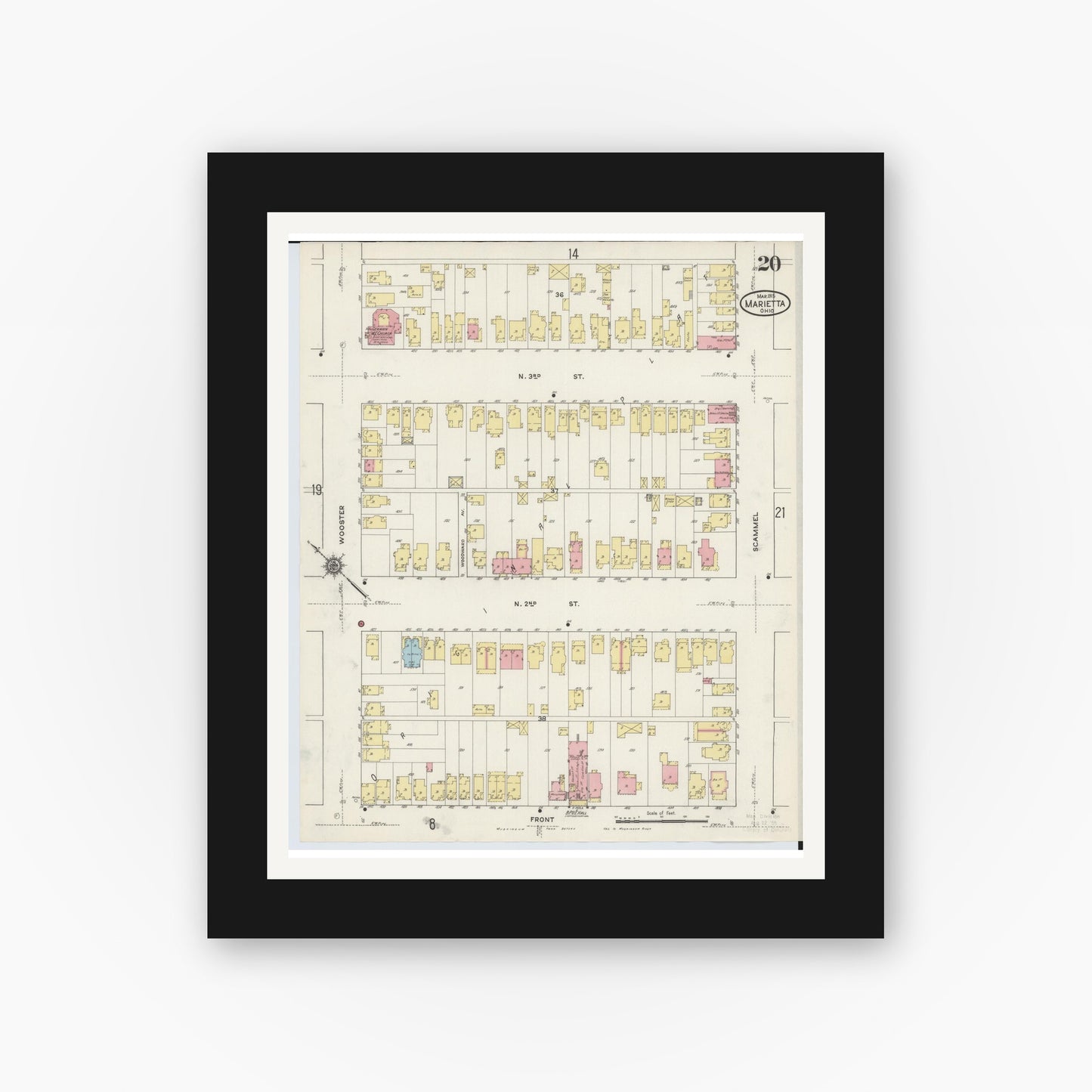 Old map wall art mockup — black gallery frame with white mat — Sanborn Fire Insurance Map from Marietta, Washington County, Ohio (1915), Sheet #0020
