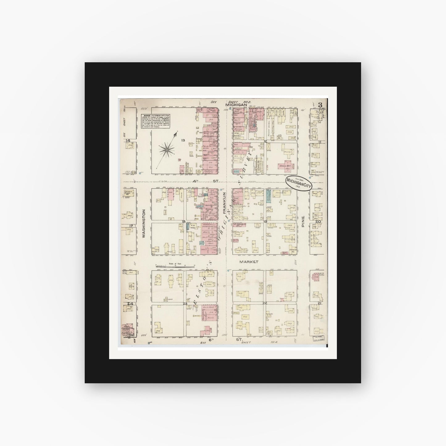 Old map wall art mockup — black gallery frame with white mat — Sanborn Fire Insurance Map from Michigan City, La Porte County, Indiana (1884), Sheet #0003