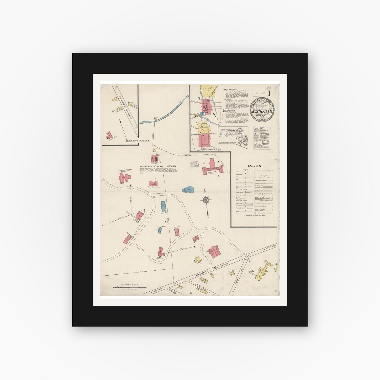 Old map wall art mockup — black gallery frame with white mat — Sanborn Fire Insurance Map from Northfield, Franklin County, Massachusetts (1922) - Complete Map Set