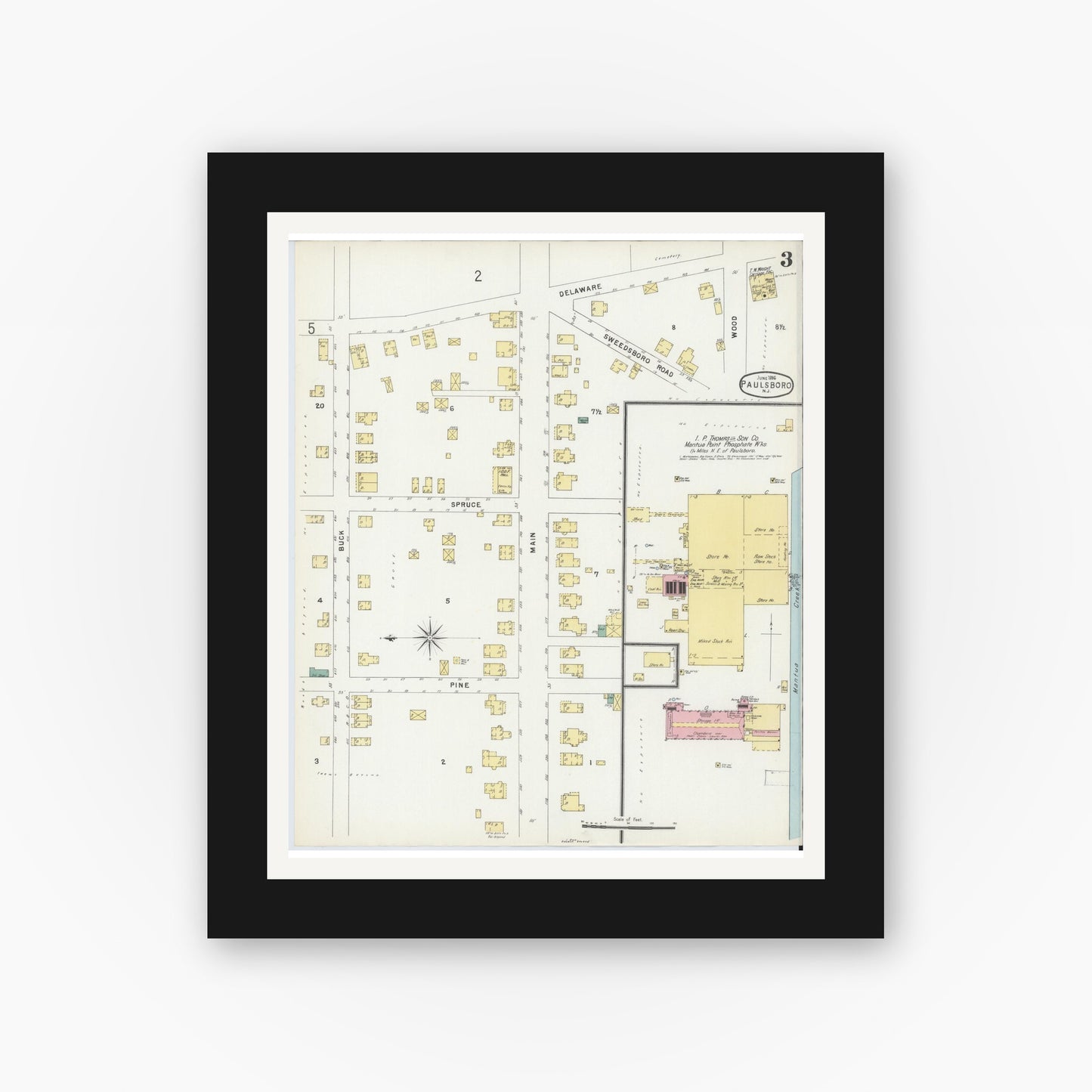 Old map wall art mockup — black gallery frame with white mat — Sanborn Fire Insurance Map from Paulsboro, Gloucester County, New Jersey (1896), Sheet #0003