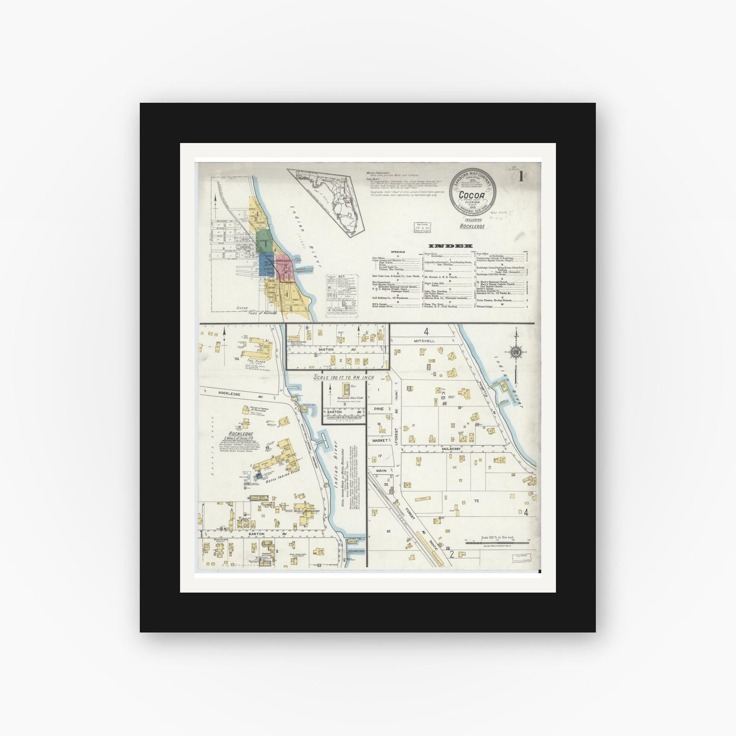 Old map wall art mockup — black gallery frame with white mat — Sanborn Fire Insurance Map from Cocoa, Brevard County, Florida (1919), Sheet #0001