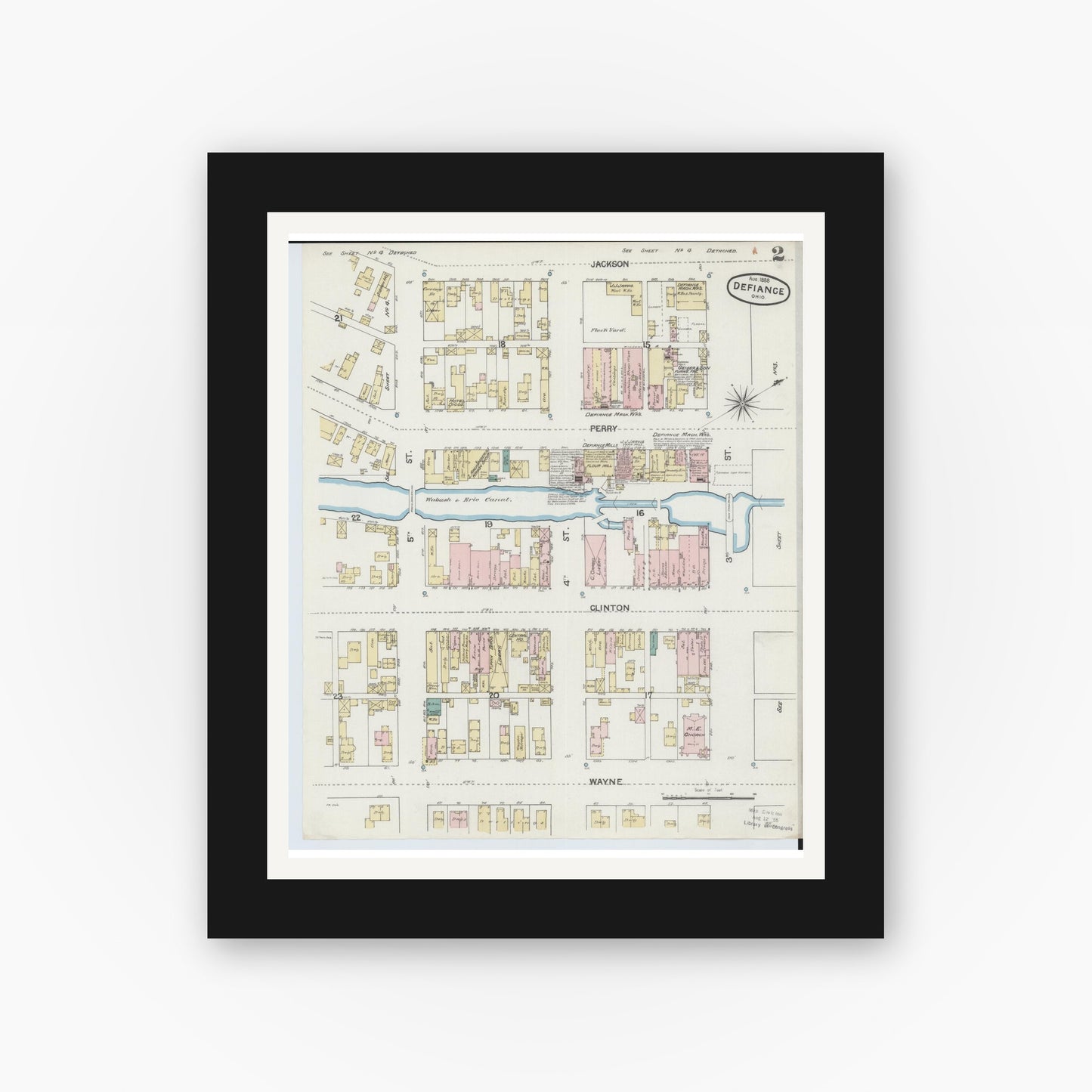 Old map wall art mockup — black gallery frame with white mat — Sanborn Fire Insurance Map from Defiance, Defiance County, Ohio (1888), Sheet #0002