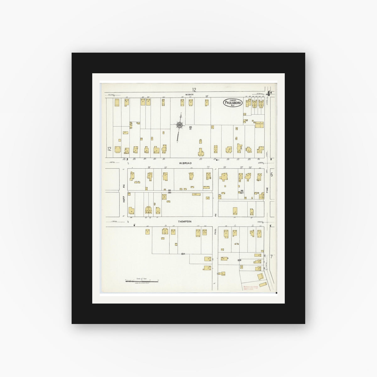 Old map wall art mockup — black gallery frame with white mat — Sanborn Fire Insurance Map from Paulsboro, Gloucester County, New Jersey (1920), Sheet #0004