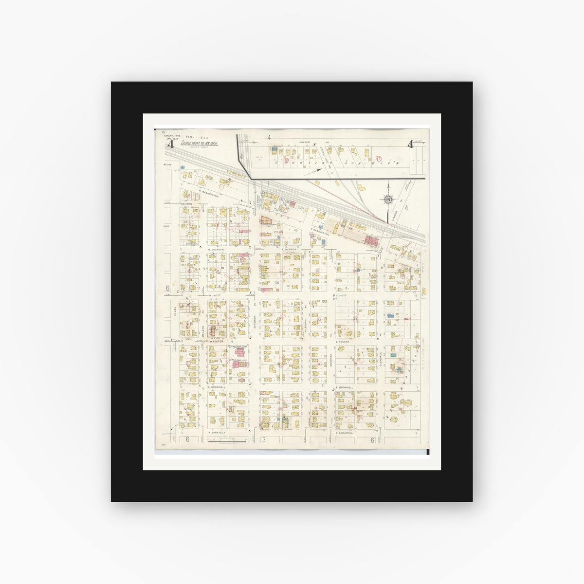 Old map wall art mockup — black gallery frame with white mat — Sanborn Fire Insurance Map from Tomah, Monroe County, Wisconsin (1944), Sheet #0004