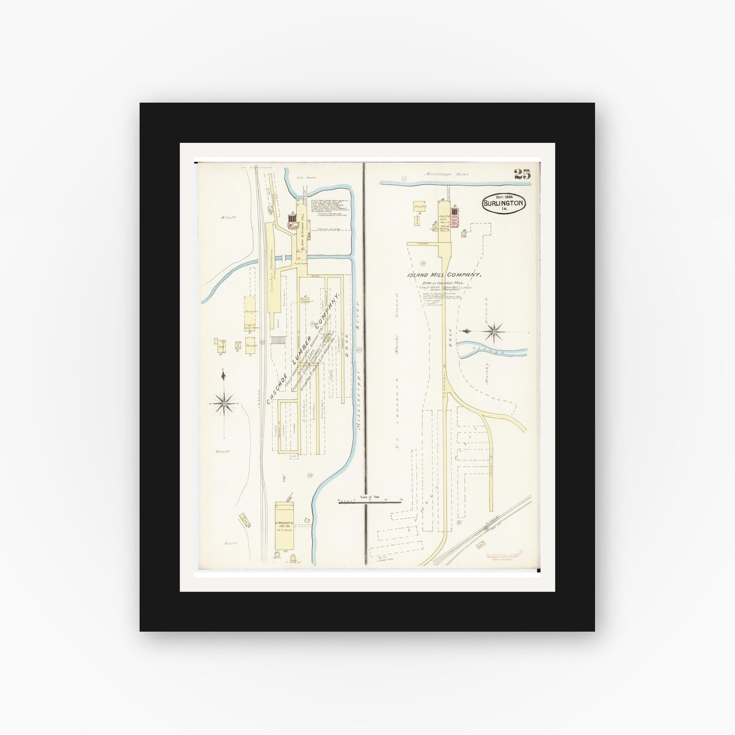 Old map wall art mockup — black gallery frame with white mat — Sanborn Fire Insurance Map from Burlington, Des Moines County, Iowa (1888), Sheet #0025