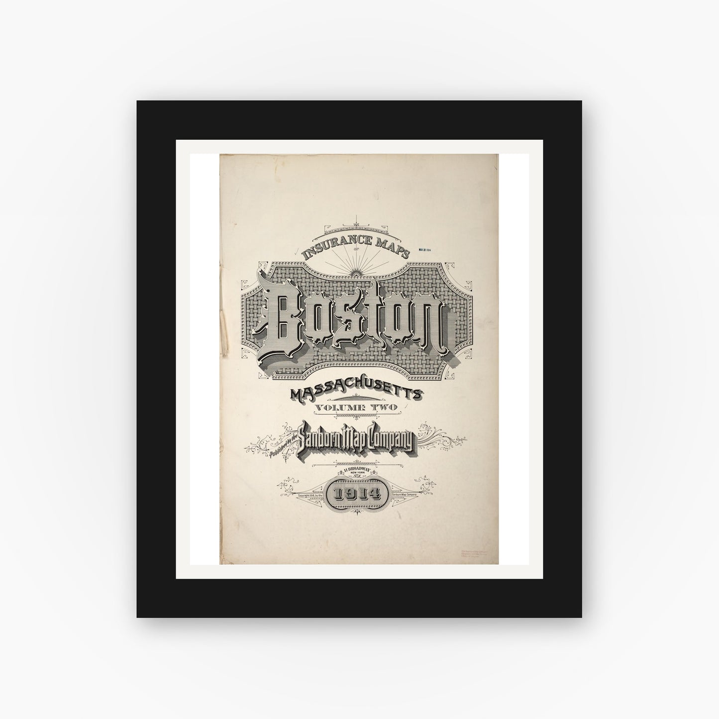 Old map wall art mockup — black gallery frame with white mat — Sanborn Fire Insurance Map from Boston, Suffolk County, Massachusetts (1914), Sheet #0001 TITLE PAGE ART