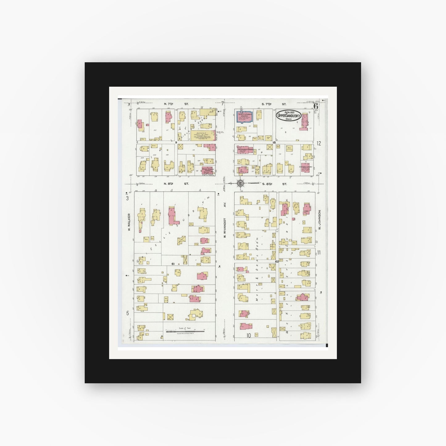 Old map wall art mockup — black gallery frame with white mat — Sanborn Fire Insurance Map from Upper Sandusky, Wyandot County, Ohio (1921), Sheet #0006