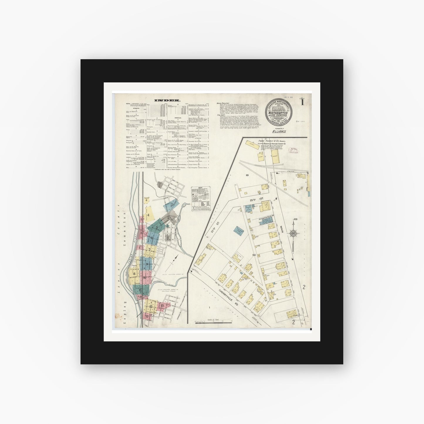 Old map wall art mockup — black gallery frame with white mat — Sanborn Fire Insurance Map from Northampton, Northampton County, Pennsylvania (1911), Sheet #0001
