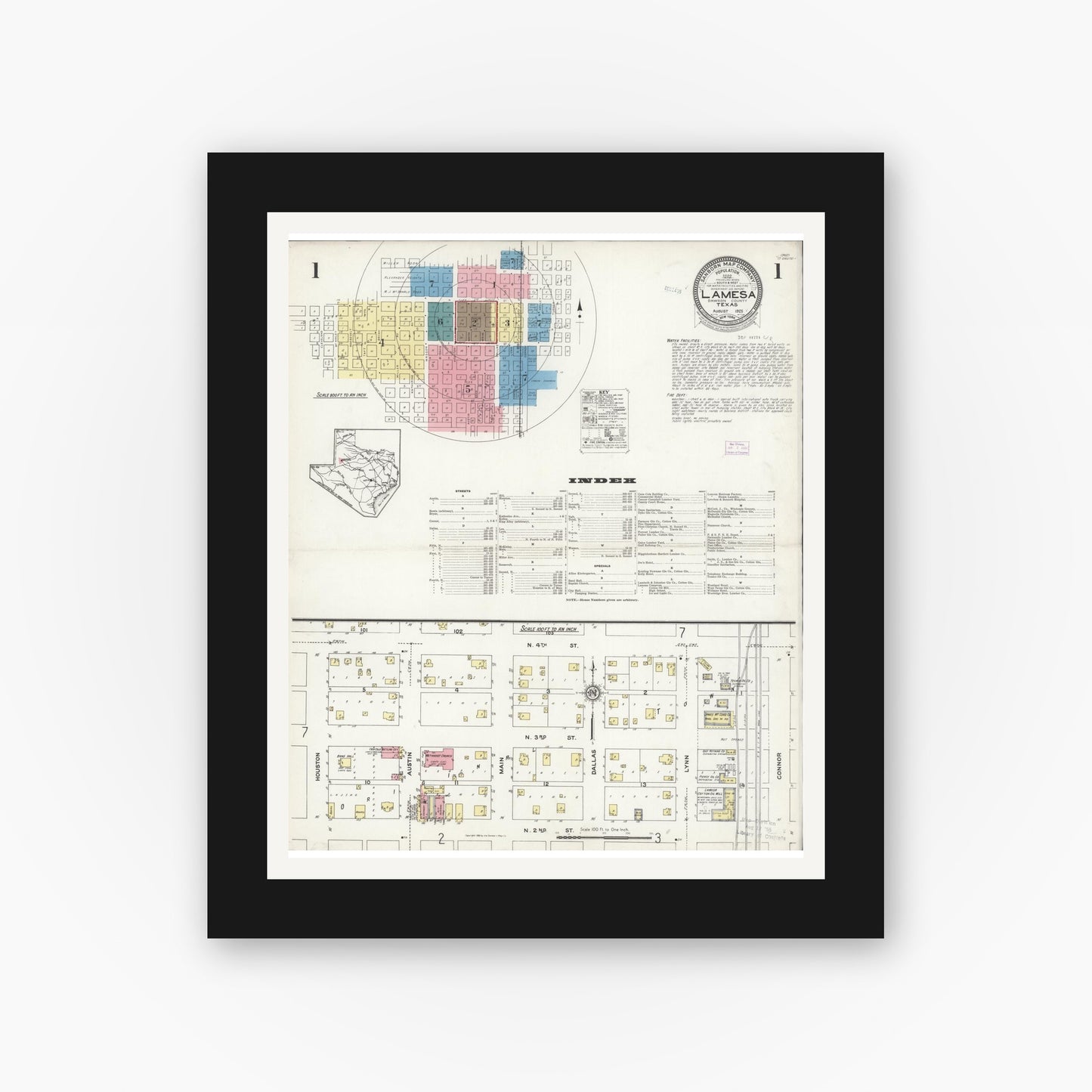 Old map wall art mockup — black gallery frame with white mat — Sanborn Fire Insurance Map from Lamesa, Dawson County, Texas (1925), Sheet #0001