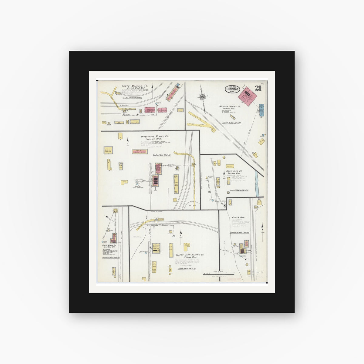 Old map wall art mockup — black gallery frame with white mat — Sanborn Fire Insurance Map from Hibbing, Saint Louis County, Minnesota (1921), Sheet #0021