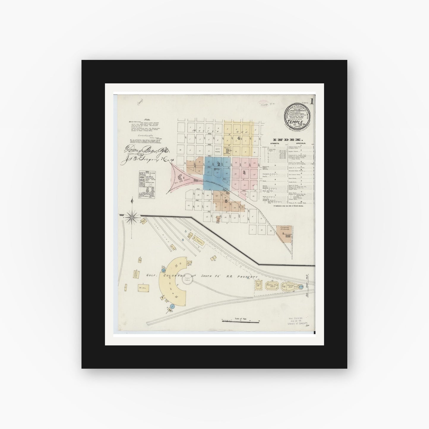 Old map wall art mockup — black gallery frame with white mat — Sanborn Fire Insurance Map from Temple, Bell County, Texas (1888) - Complete Map Set