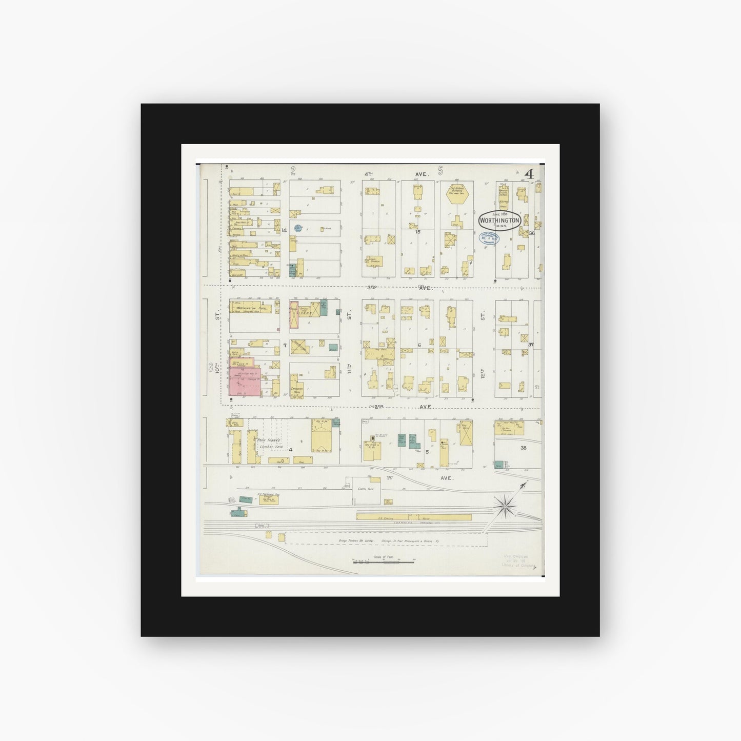 Old map wall art mockup — black gallery frame with white mat — Sanborn Fire Insurance Map from Worthington, Nobles County, Minnesota (1894), Sheet #0004