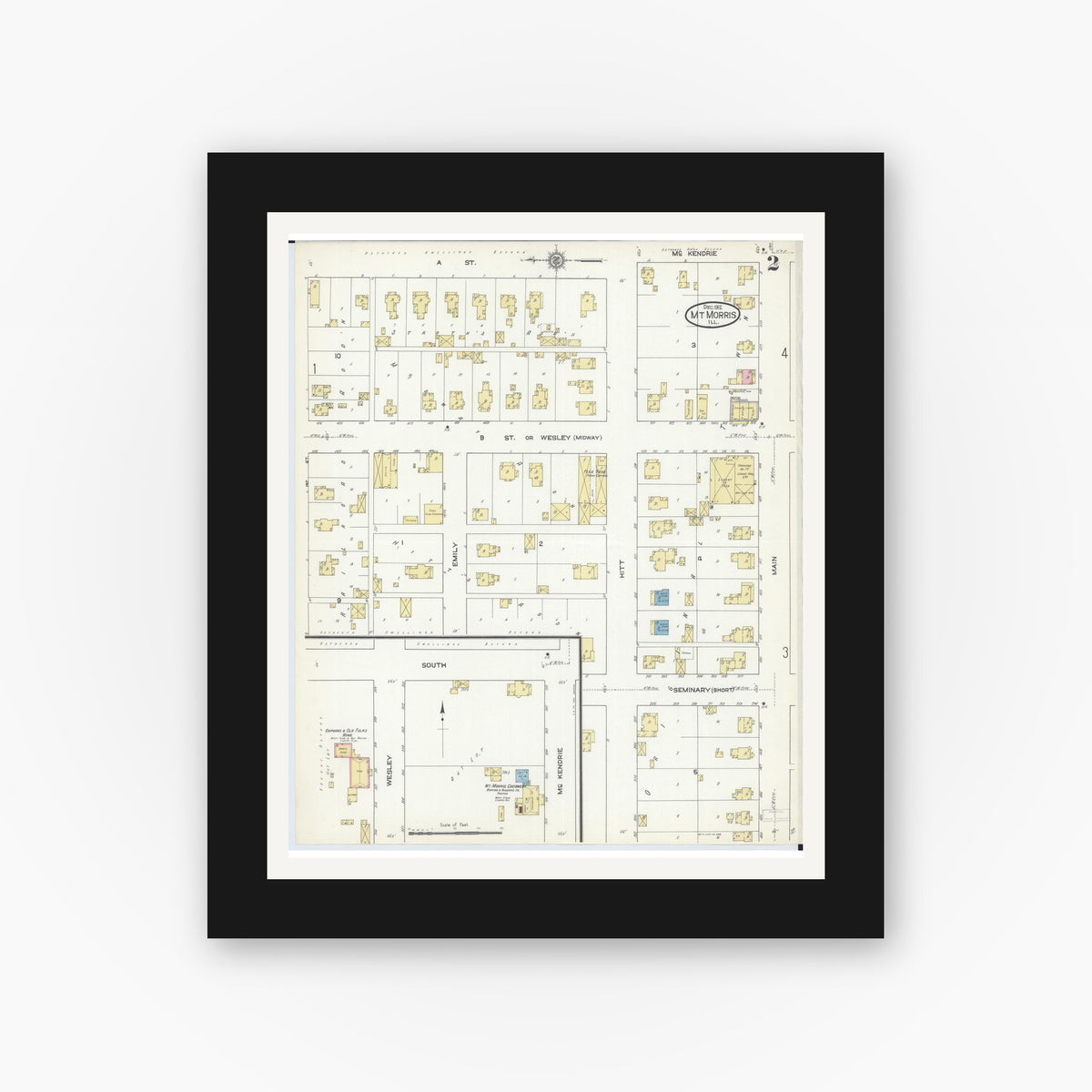 Old map wall art mockup — black gallery frame with white mat — Sanborn Fire Insurance Map from Mount Morris, Ogle County, Illinois (1912), Sheet #0002