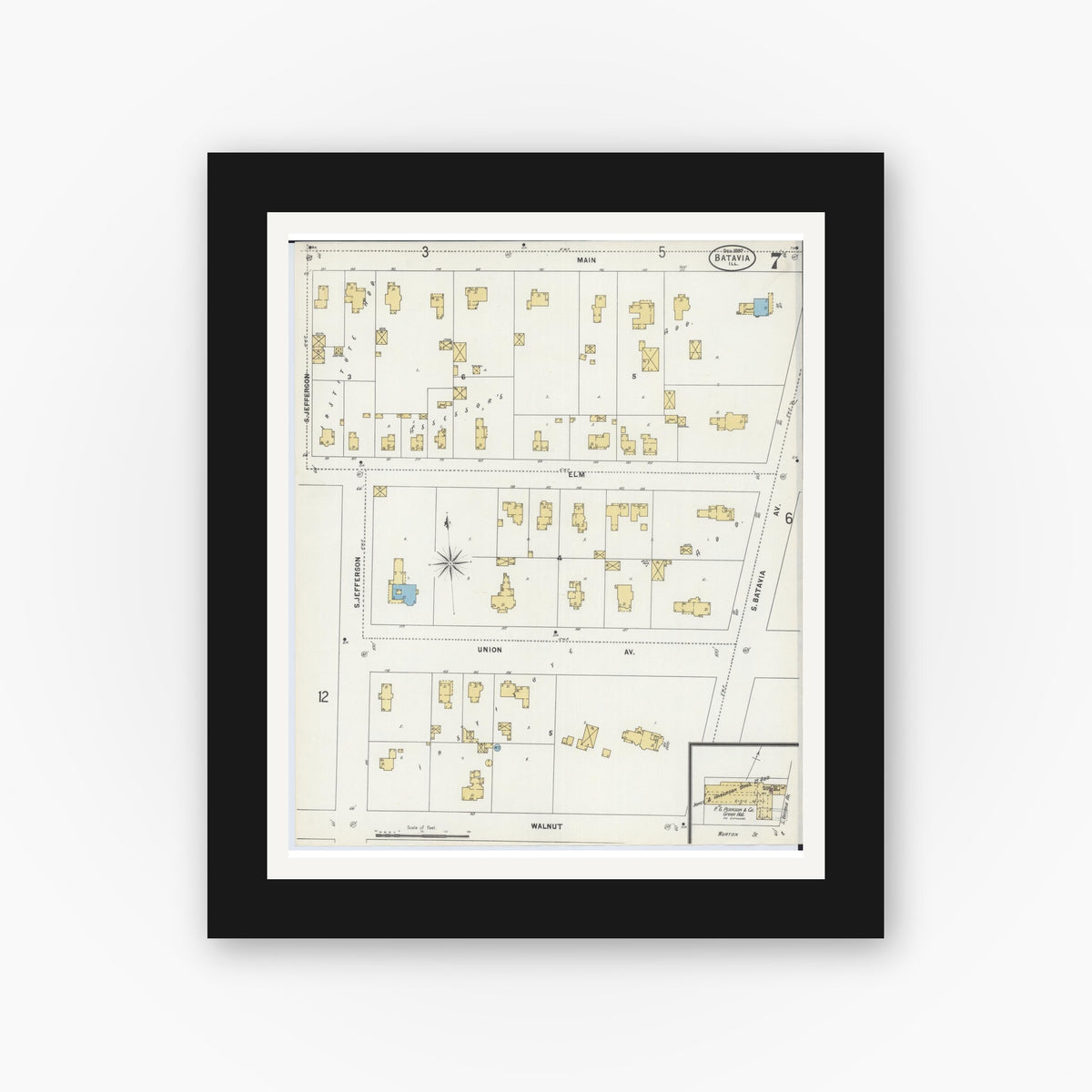 Old map wall art mockup — black gallery frame with white mat — Sanborn Fire Insurance Map from Batavia, Kane County, Illinois (1897), Sheet #0007