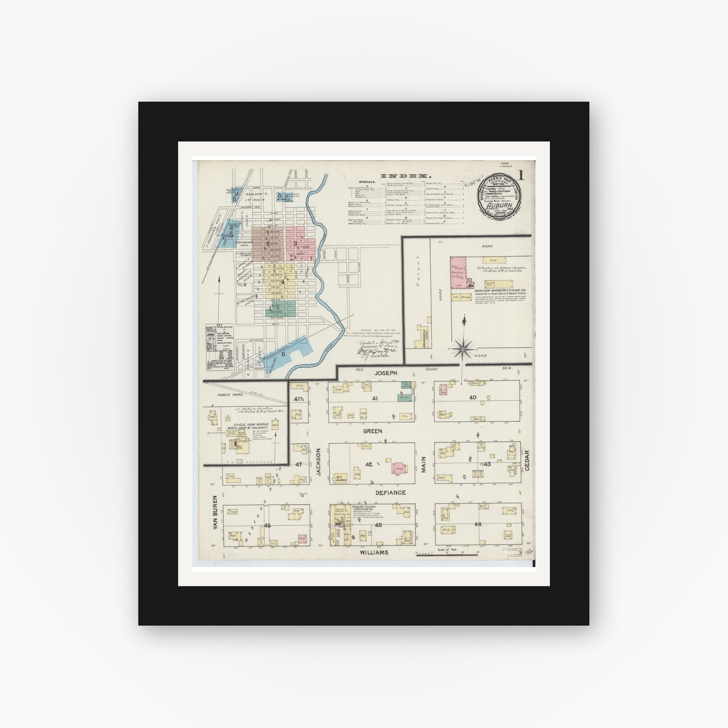 Old map wall art mockup — black gallery frame with white mat — Sanborn Fire Insurance Map from Auburn, De Kalb County, Indiana (1891), Sheet #0001