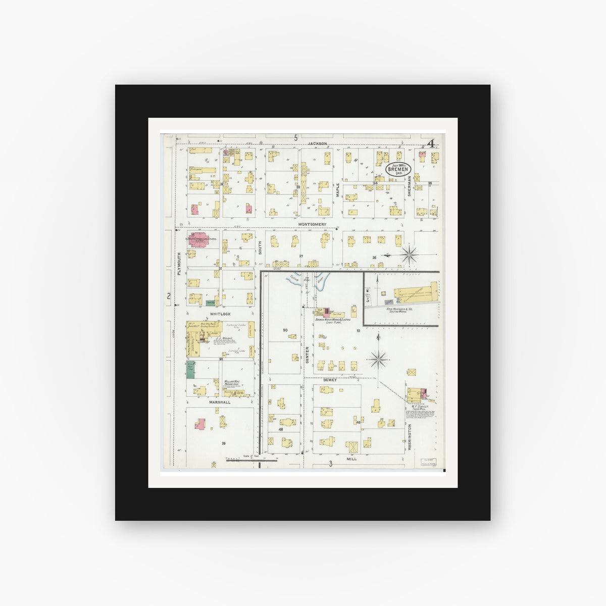 Old map wall art mockup — black gallery frame with white mat — Sanborn Fire Insurance Map from Bremen, Marshall County, Indiana (1905), Sheet #0004