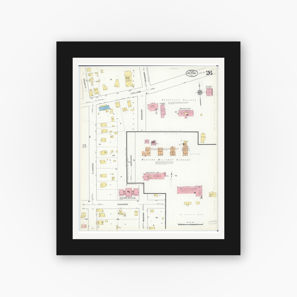 Old map wall art mockup — black gallery frame with white mat — Sanborn Fire Insurance Map from Alton, Madison County, Illinois (1915), Sheet #0026