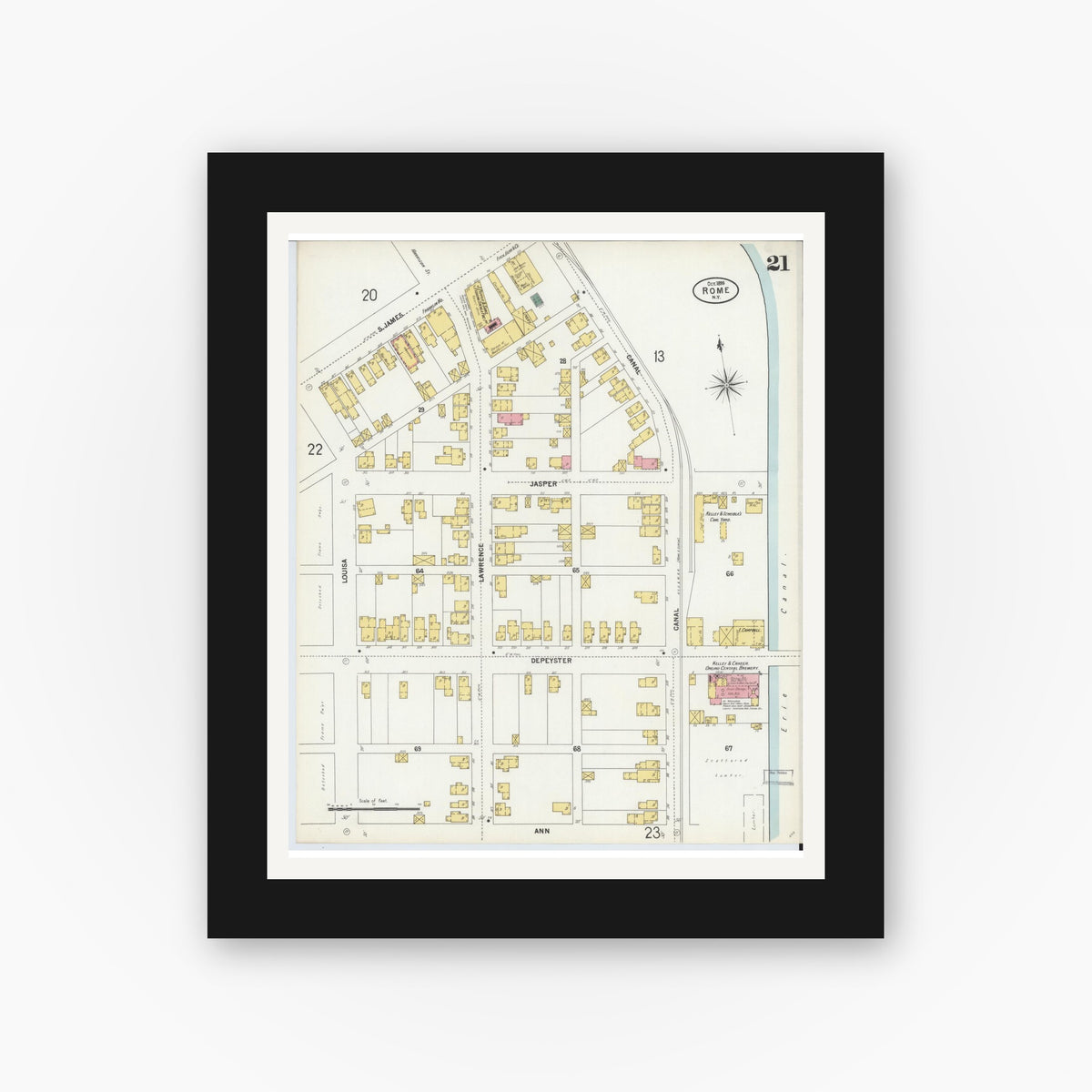 Old map wall art mockup — black gallery frame with white mat — Sanborn Fire Insurance Map from Rome, Oneida County, New York (1899), Sheet #0021