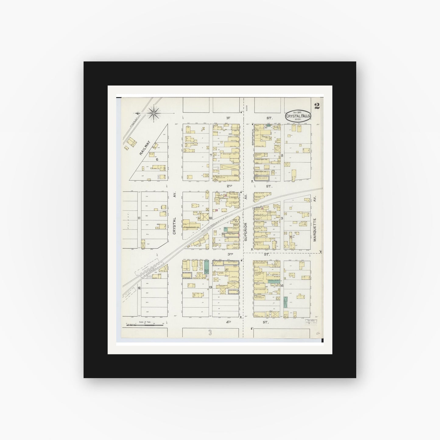 Old map wall art mockup — black gallery frame with white mat — Sanborn Fire Insurance Map from Crystal Falls, Iron County, Michigan (1892), Sheet #0002