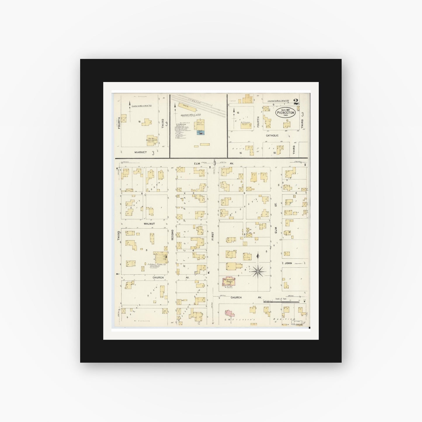 Old map wall art mockup — black gallery frame with white mat — Sanborn Fire Insurance Map from Pierceton, Kosciusko County, Indiana (1907), Sheet #0002