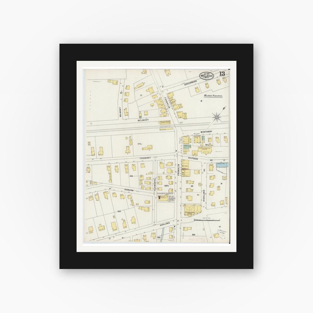 Old map wall art mockup — black gallery frame with white mat — Sanborn Fire Insurance Map from Melrose, Middlesex County, Massachusetts (1897), Sheet #0013