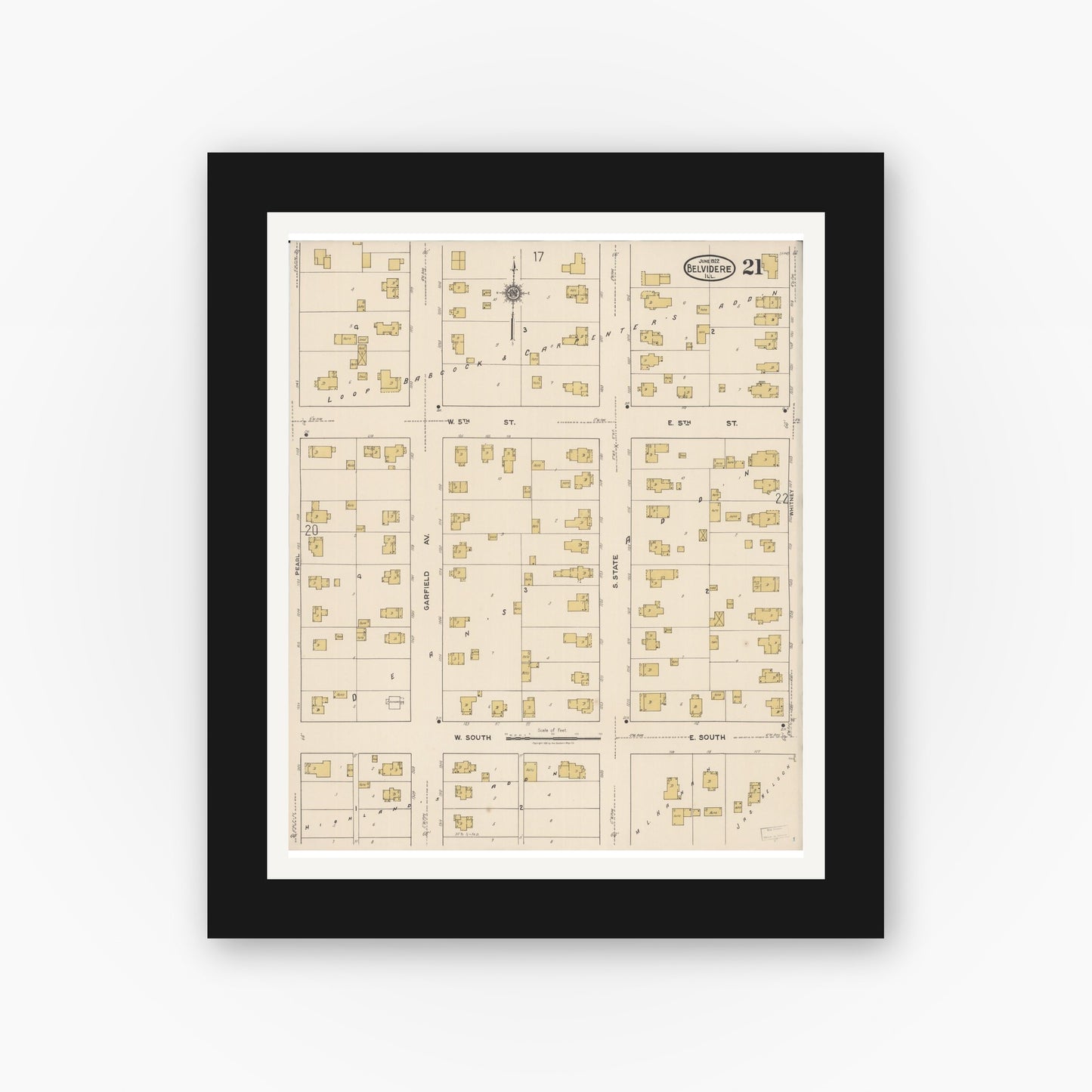 Old map wall art mockup — black gallery frame with white mat — Sanborn Fire Insurance Map from Belvidere, Boone County, Illinois (1922), Sheet #0021