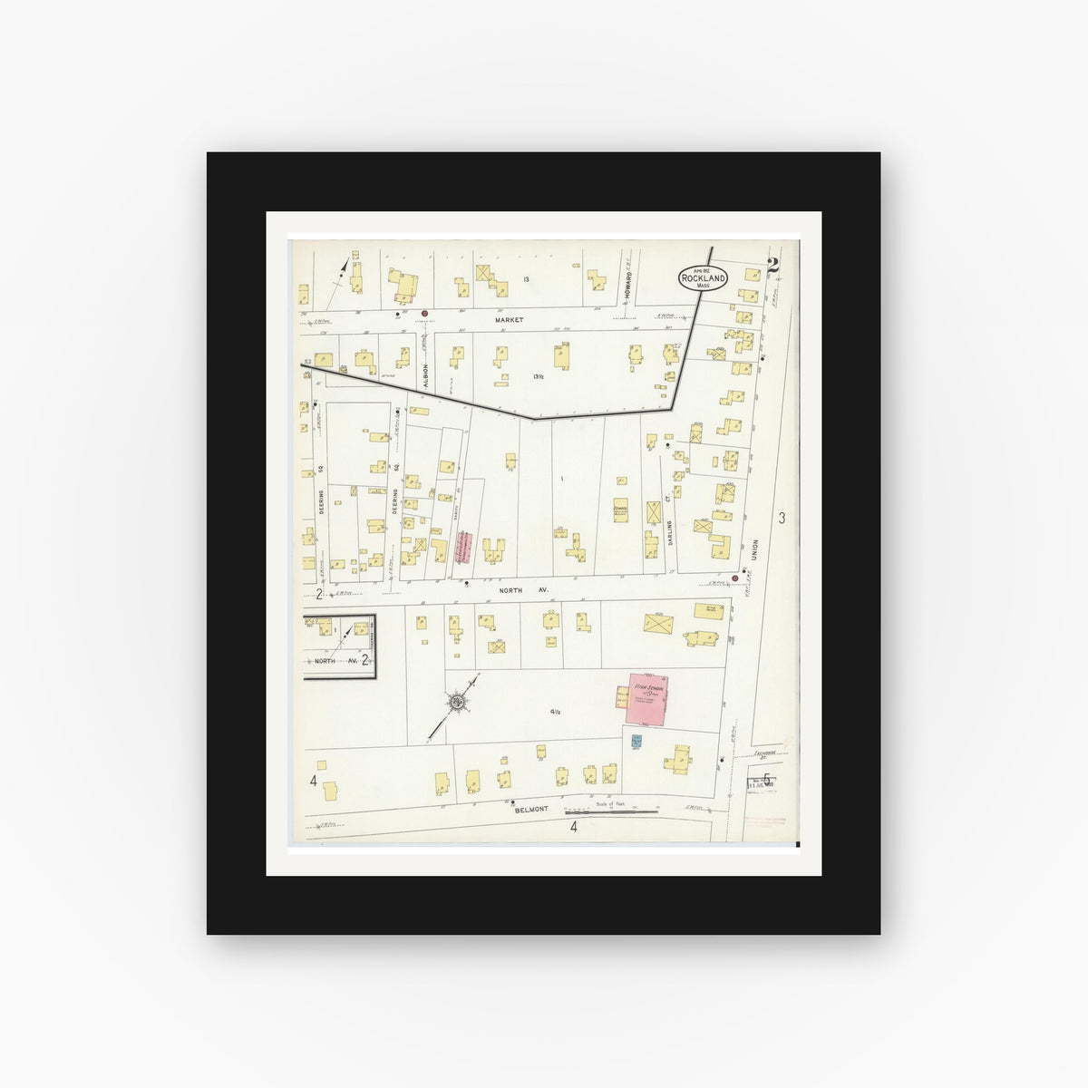 Old map wall art mockup — black gallery frame with white mat — Sanborn Fire Insurance Map from Rockland, Plymouth County, Massachusetts (1912), Sheet #0002