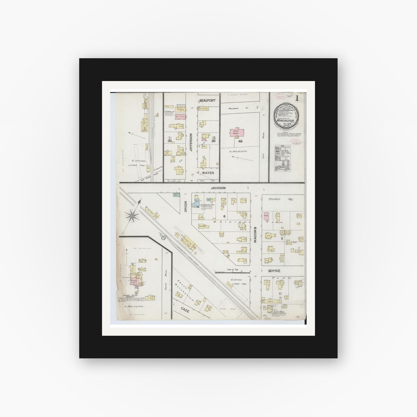 Old map wall art mockup — black gallery frame with white mat — Sanborn Fire Insurance Map from Manchester, Washtenaw County, Michigan (1888), Sheet #0001