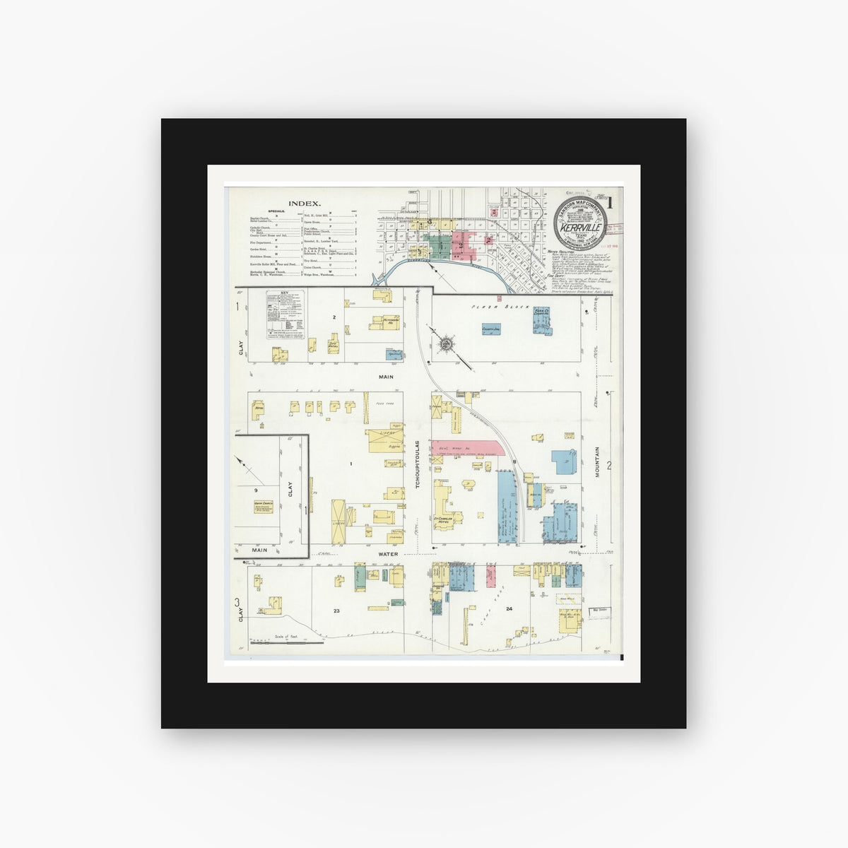 Old map wall art mockup — black gallery frame with white mat — Sanborn Fire Insurance Map from Kerrville, Kerr County, Texas (1910) - Complete Map Set