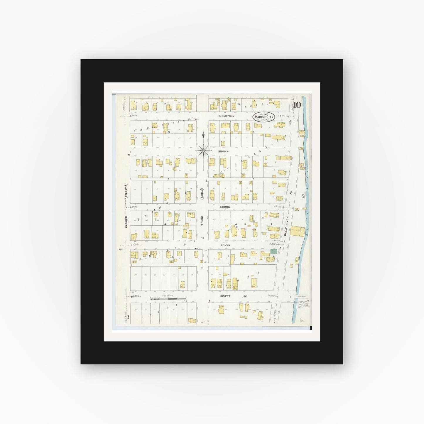Old map wall art mockup — black gallery frame with white mat — Sanborn Fire Insurance Map from Marine City, Saint Clair County, Michigan (1907), Sheet #0010