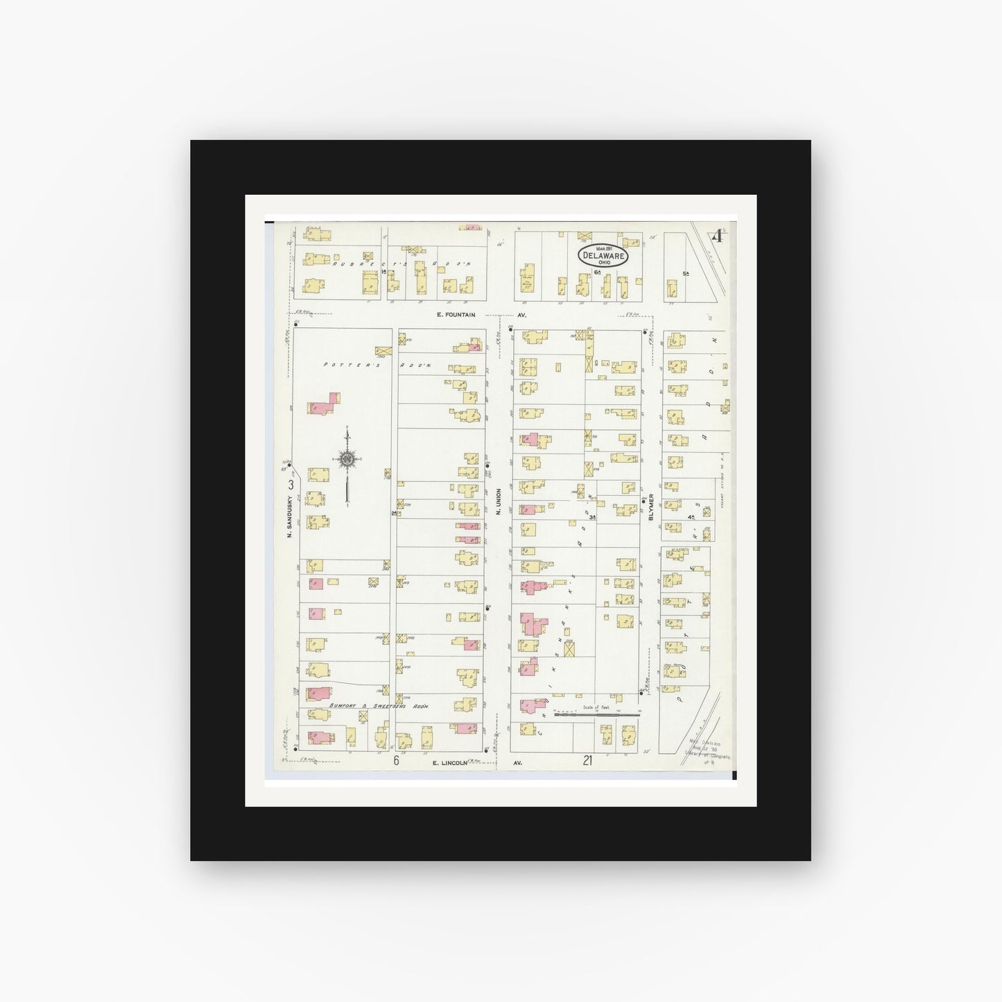 Old map wall art mockup — black gallery frame with white mat — Sanborn Fire Insurance Map from Delaware, Delaware County, Ohio (1911), Sheet #0004
