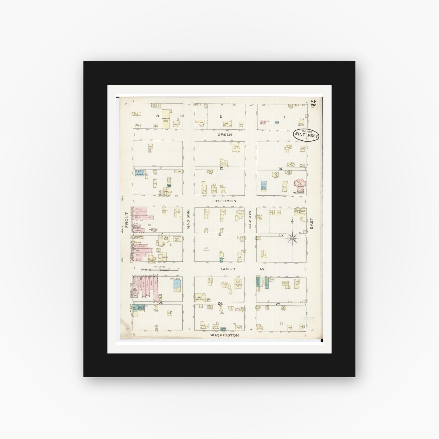 Old map wall art mockup — black gallery frame with white mat — Sanborn Fire Insurance Map from Winterset, Madison County, Iowa (1886), Sheet #0002