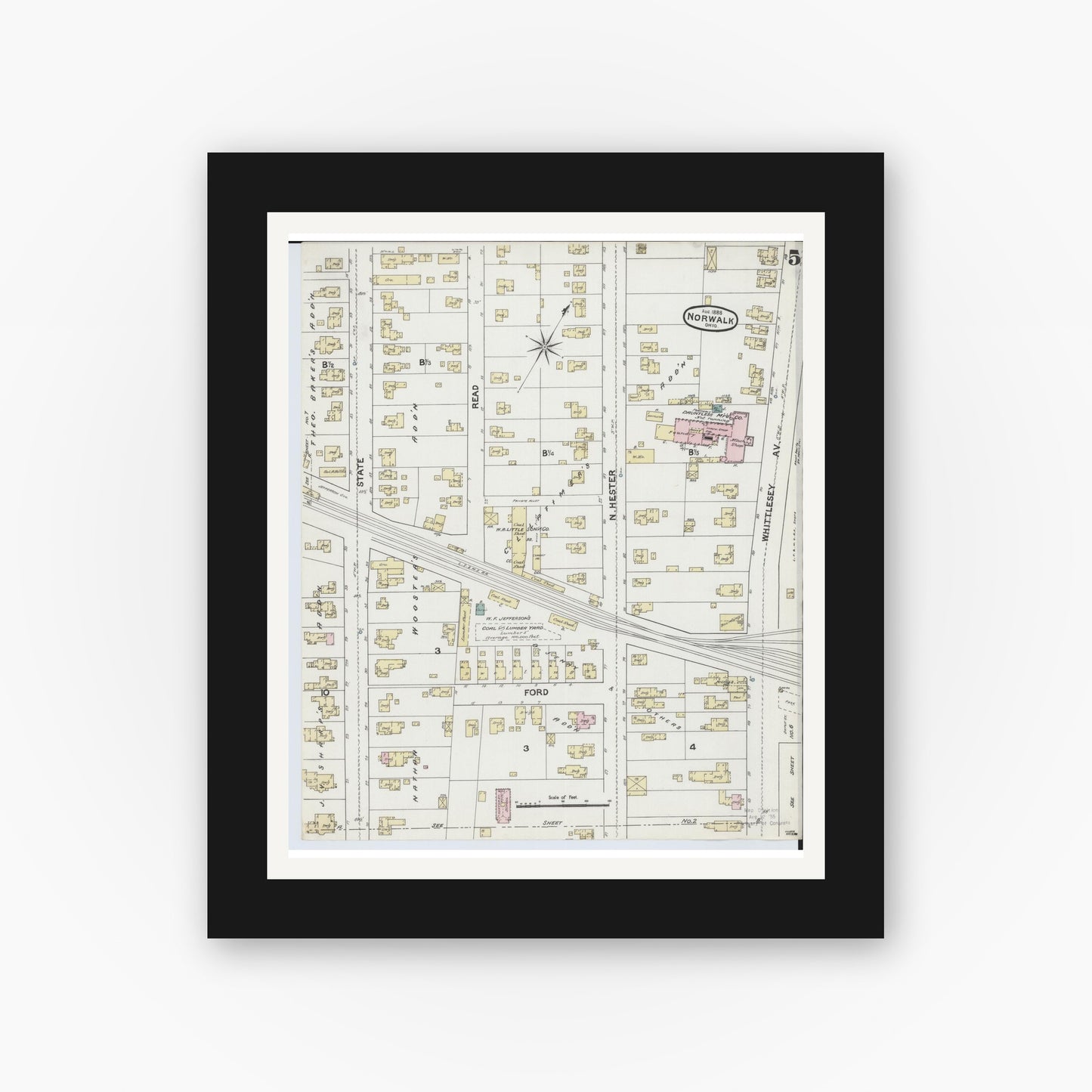 Old map wall art mockup — black gallery frame with white mat — Sanborn Fire Insurance Map from Norwalk, Huron County, Ohio (1888), Sheet #0005