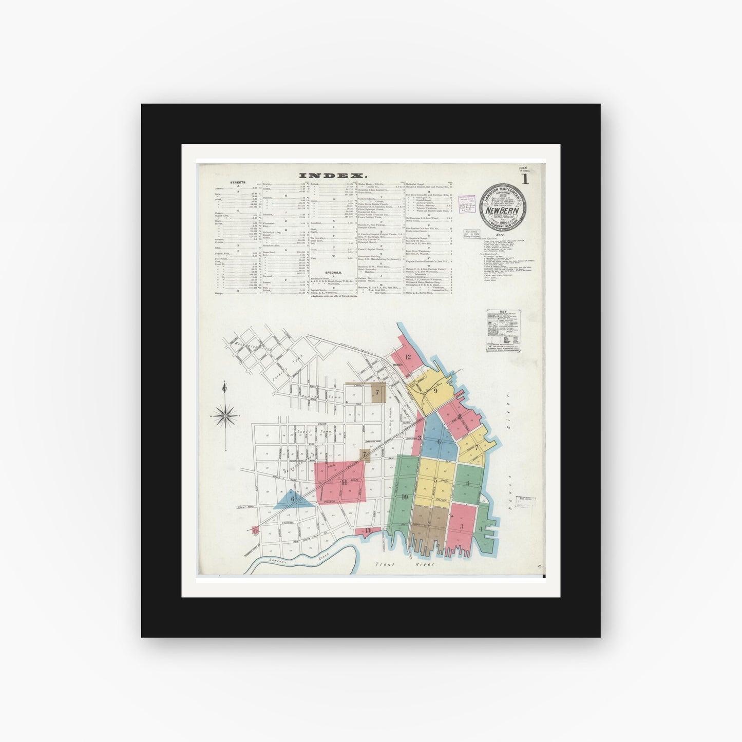 Old map wall art mockup — black gallery frame with white mat — Sanborn Fire Insurance Map from New Bern, Craven County, North Carolina (1904) - Complete Map Set