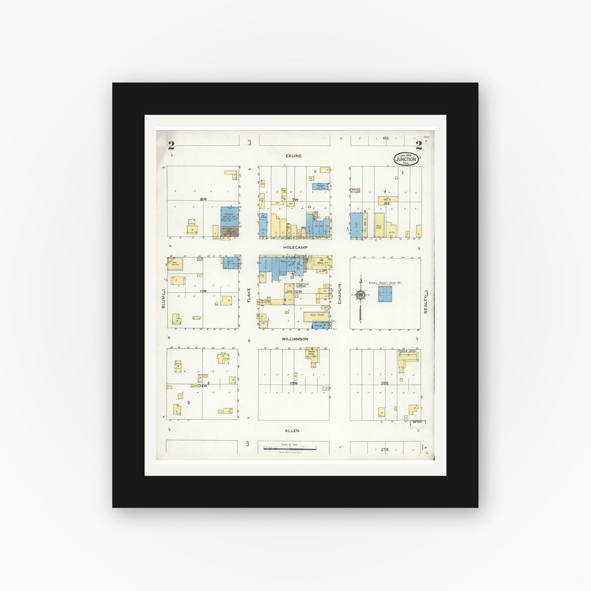 Old map wall art mockup — black gallery frame with white mat — Sanborn Fire Insurance Map from Junction, Kimble County, Texas (1926), Sheet #0002