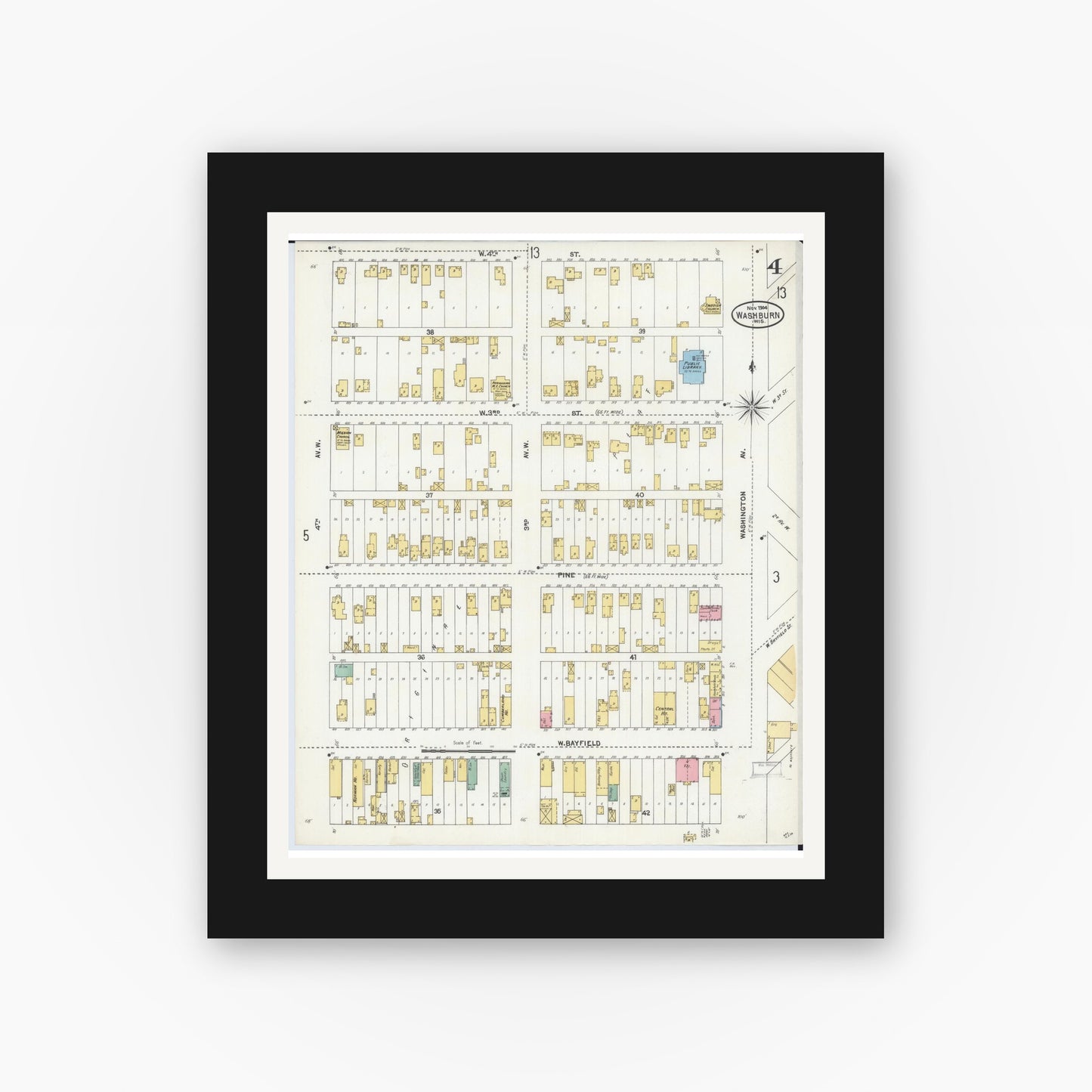 Old map wall art mockup — black gallery frame with white mat — Sanborn Fire Insurance Map from Washburn, Bayfield County, Wisconsin (1904), Sheet #0004