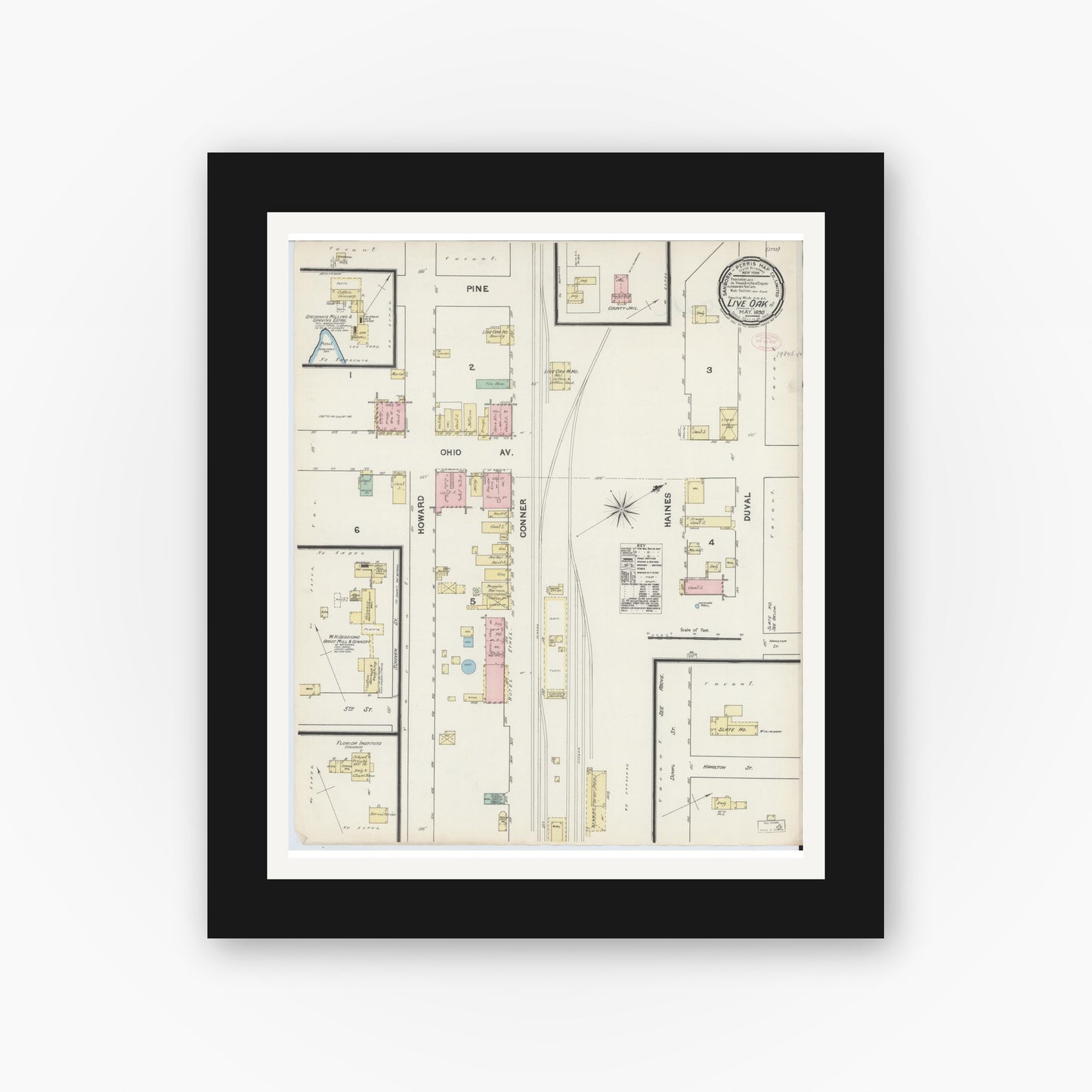 Old map wall art mockup — black gallery frame with white mat — Sanborn Fire Insurance Map from Live Oak, Suwanee County, Florida (1890), Sheet #0001