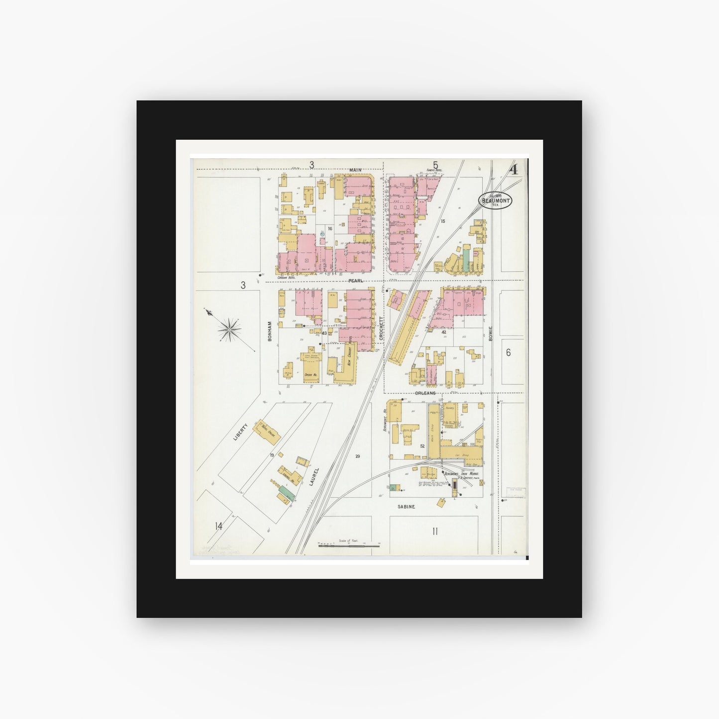 Old map wall art mockup — black gallery frame with white mat — Sanborn Fire Insurance Map from Beaumont, Jefferson County, Texas (1899), Sheet #0004