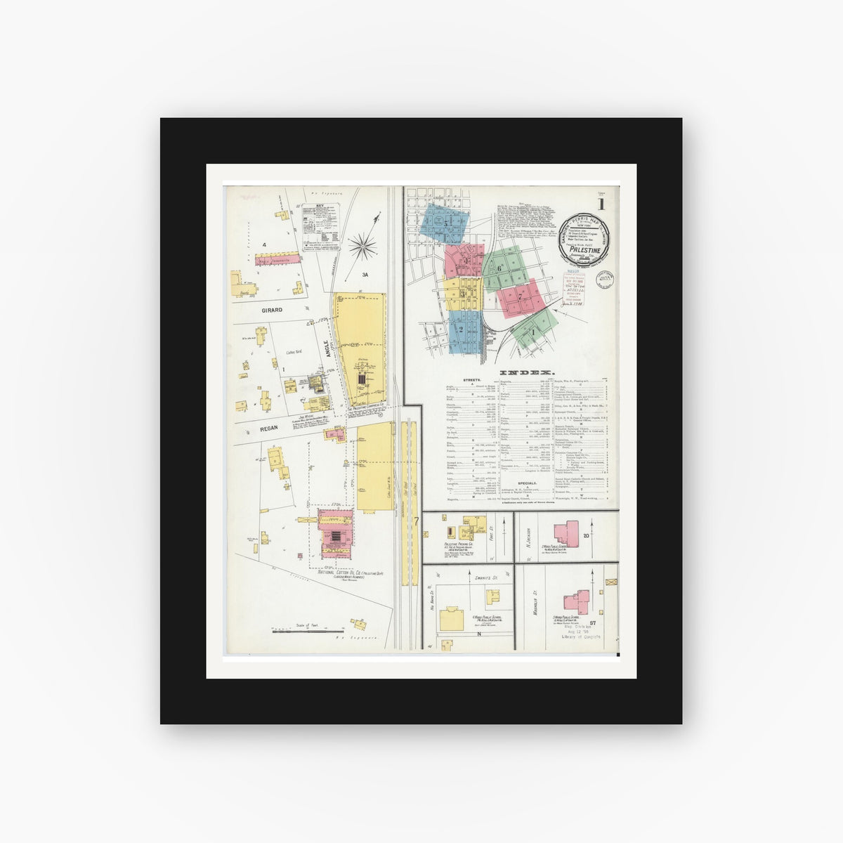 Old map wall art mockup — black gallery frame with white mat — Sanborn Fire Insurance Map from Palestine, Anderson County, Texas (1900), Sheet #0001