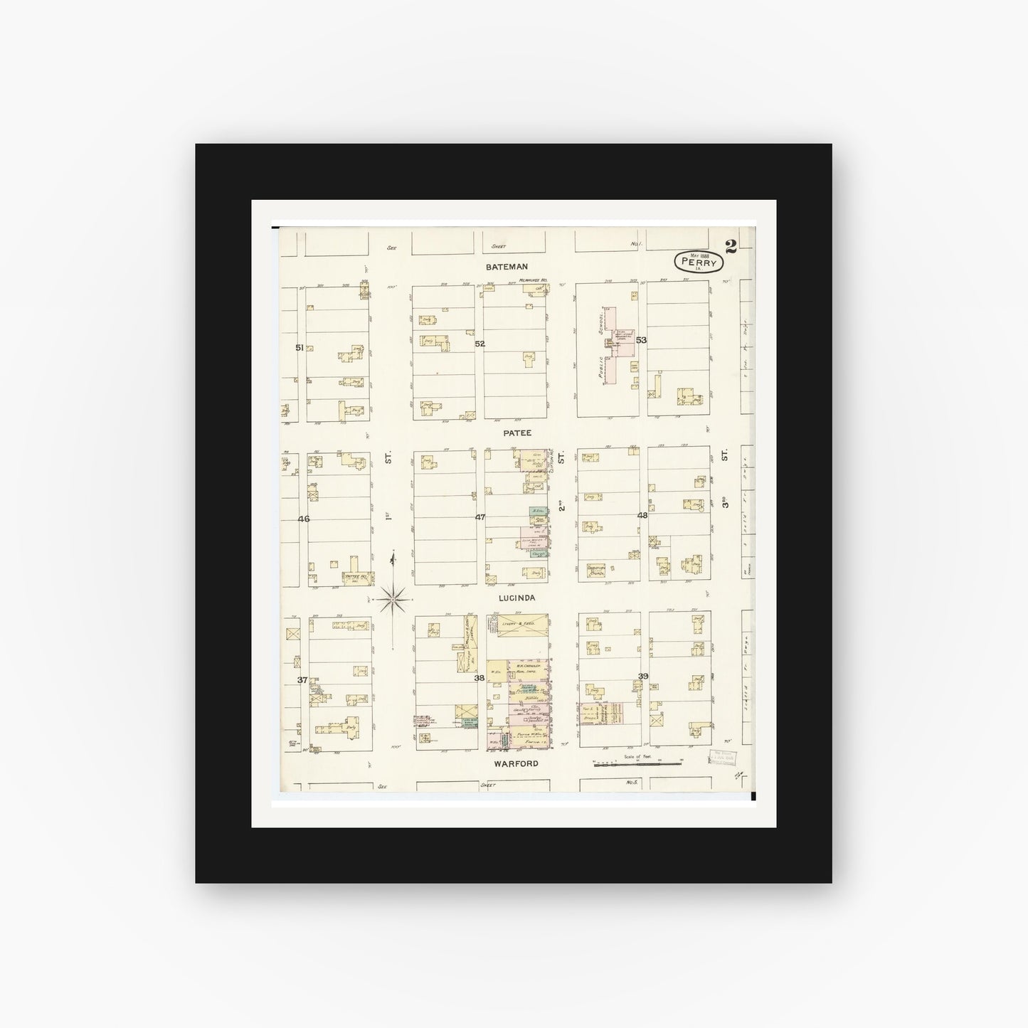 Old map wall art mockup — black gallery frame with white mat — Sanborn Fire Insurance Map from Perry, Dallas County, Iowa (1888), Sheet #0002