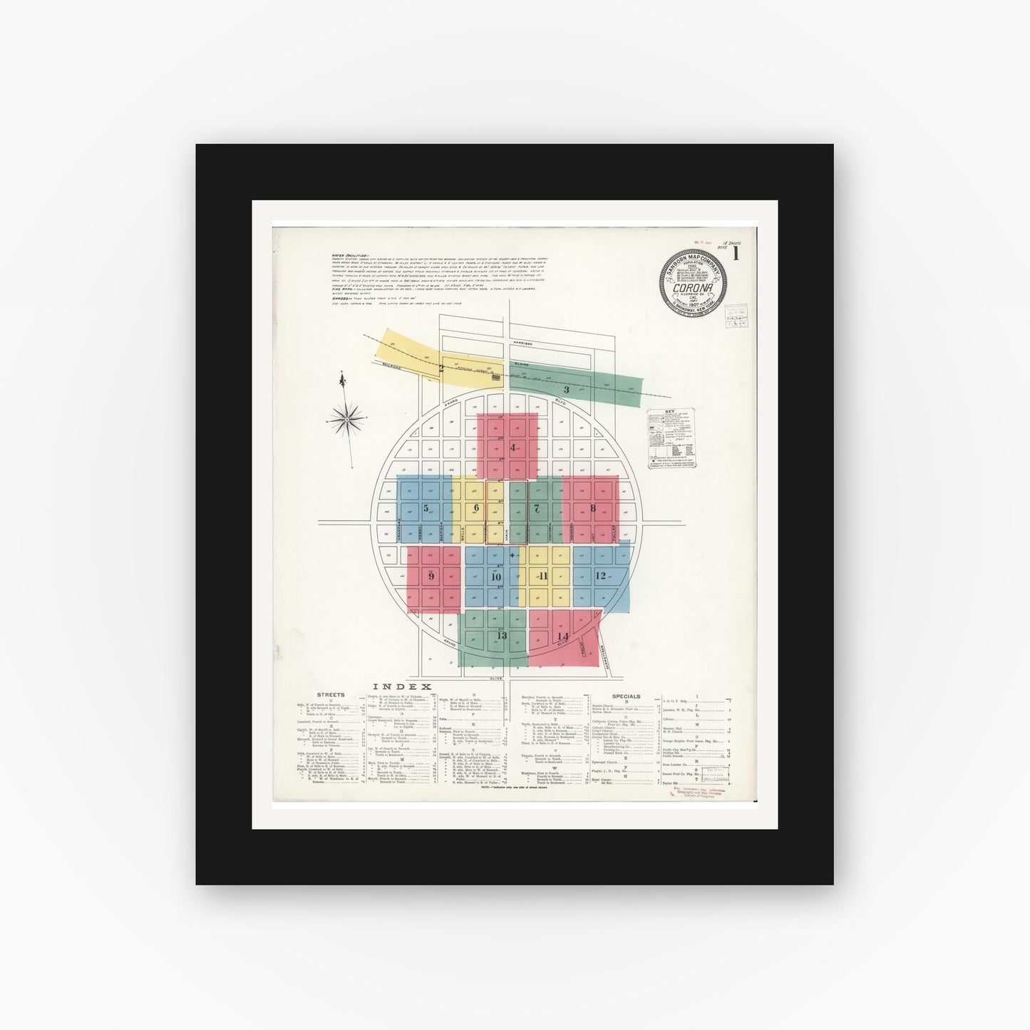 Old map wall art mockup — black gallery frame with white mat — Sanborn Fire Insurance Map from Corona, Riverside County, California (1907) - Complete Map Set