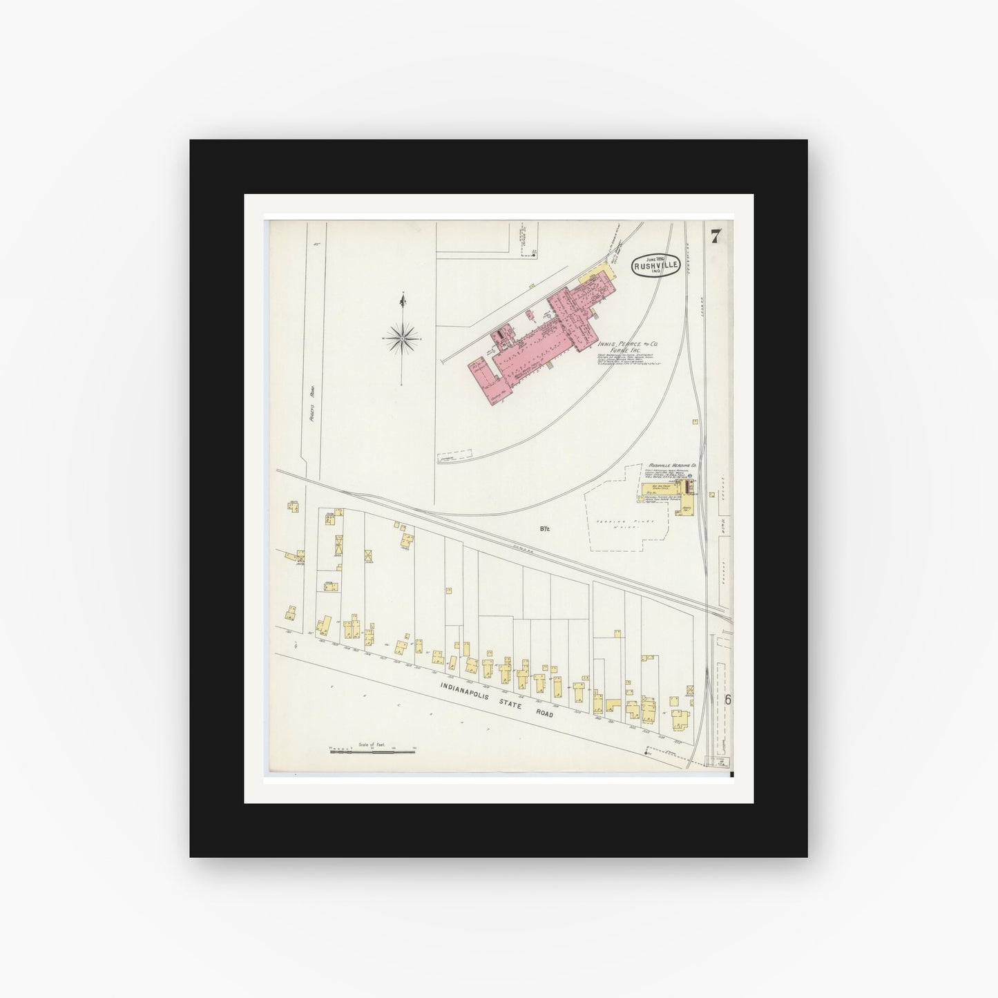 Old map wall art mockup — black gallery frame with white mat — Sanborn Fire Insurance Map from Rushville, Rush County, Indiana (1896), Sheet #0007