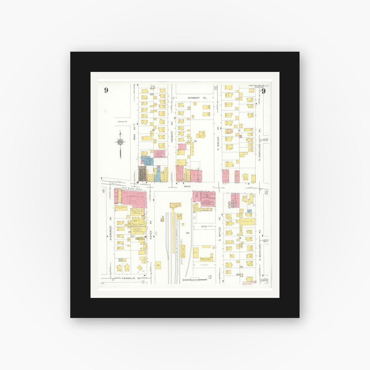 Old map wall art mockup — black gallery frame with white mat — Sanborn Fire Insurance Map from Port Washington, Nassau County, New York (1931), Sheet #0009