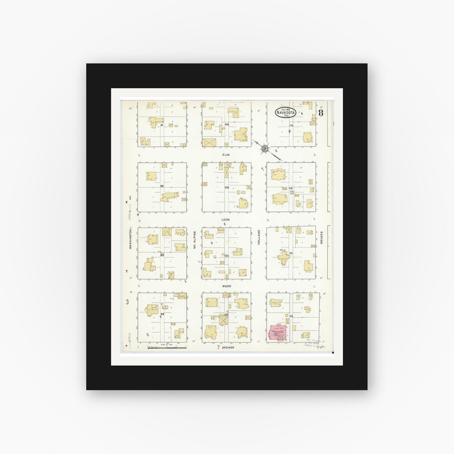 Old map wall art mockup — black gallery frame with white mat — Sanborn Fire Insurance Map from Navasota, Grimes County, Texas (1912), Sheet #0008