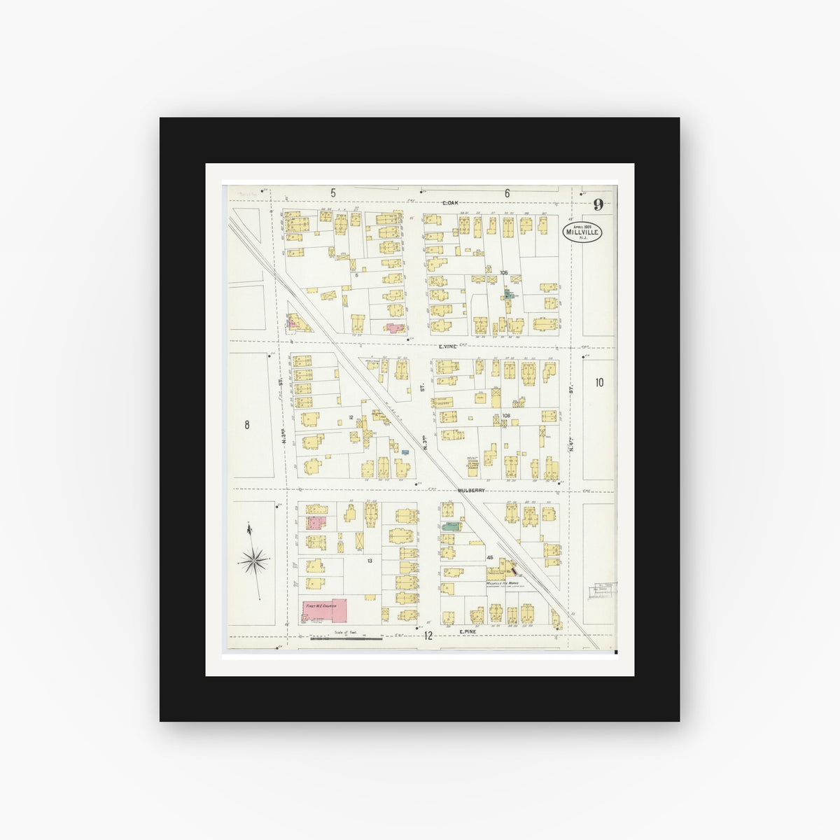 Old map wall art mockup — black gallery frame with white mat — Sanborn Fire Insurance Map from Millville, Cumberland County, New Jersey (1903), Sheet #0009
