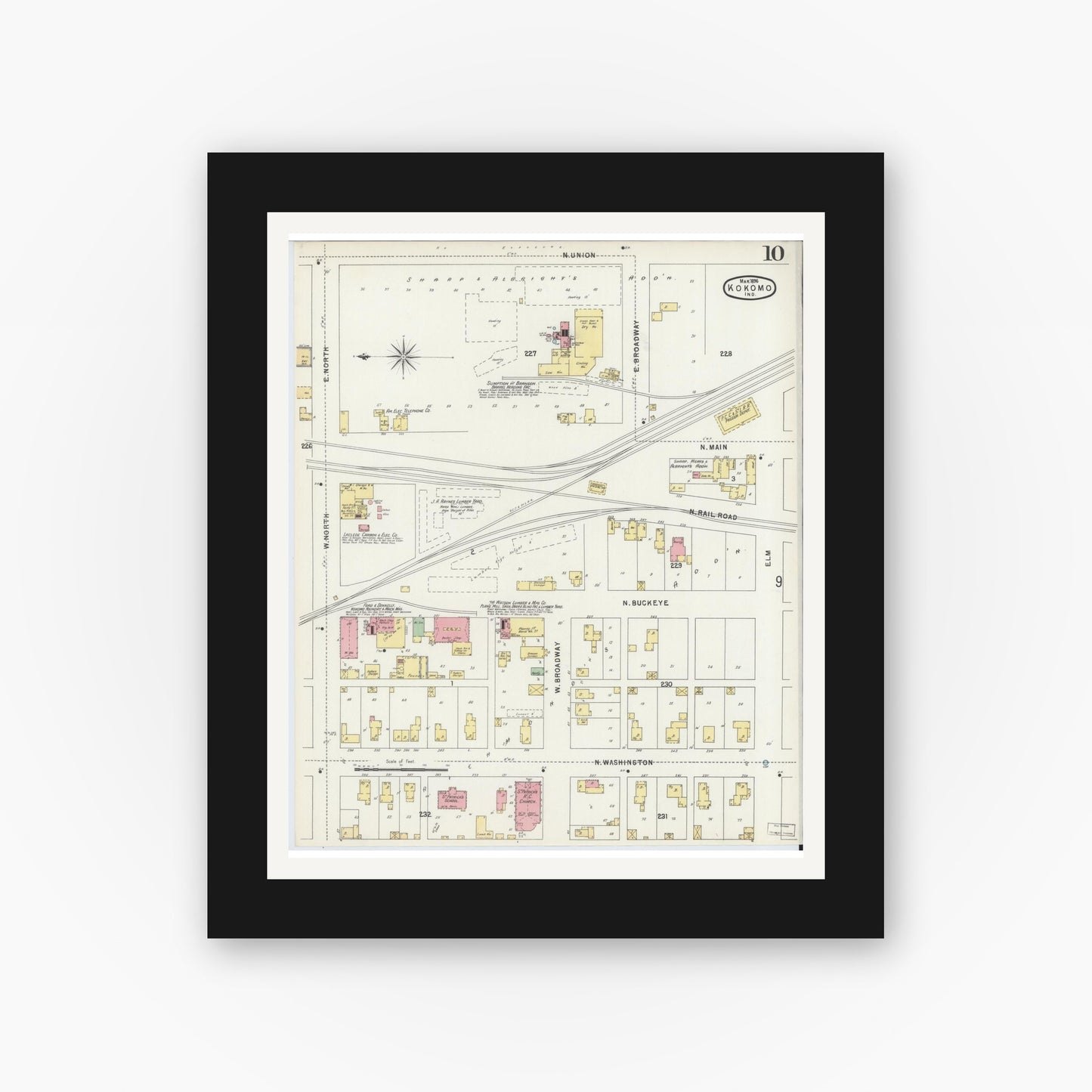 Old map wall art mockup — black gallery frame with white mat — Sanborn Fire Insurance Map from Kokomo, Howard County, Indiana (1896), Sheet #0010